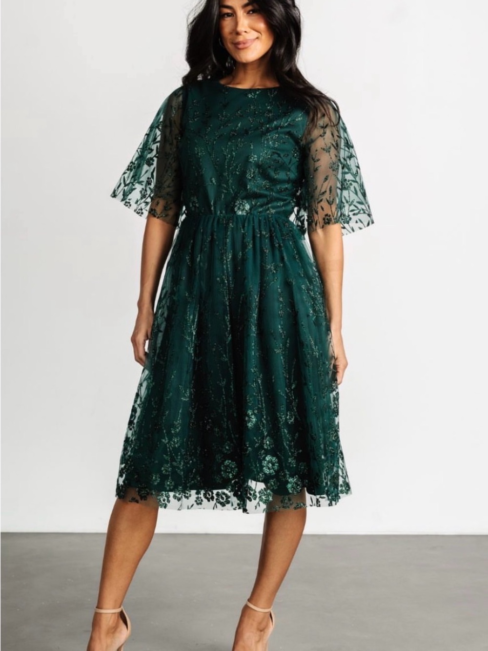 Baltic Born Emerald Green Embroidered Lace Midi Dress